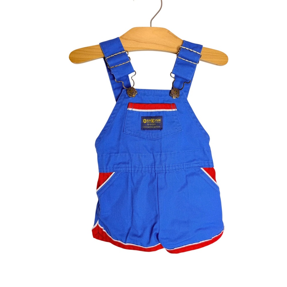 Vintage OshKosh Bgosh Kids Blue Red Shortall Overalls Made in USA 6-9M